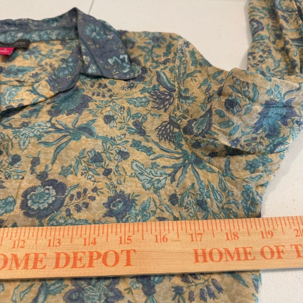 Vince Camuto Womens Small Floral Paisley Button Down Blouse Blue Tan Sheer Top - Picture 6 of 8
